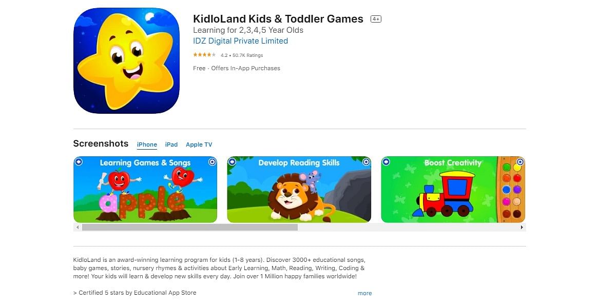 KidloLand Kids app on Apple App Store (screen-shot)