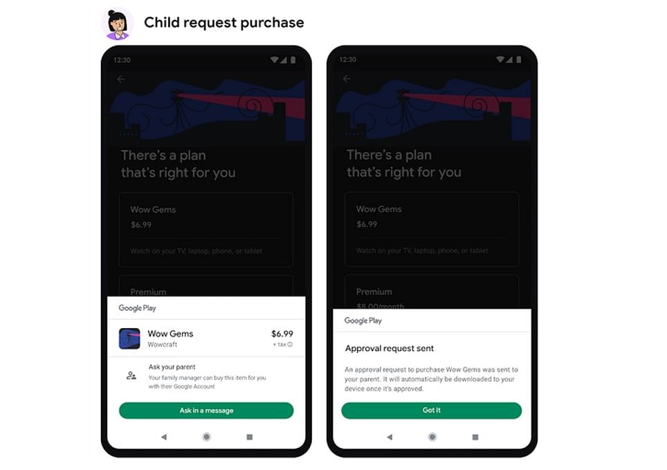Children can send approval requests to parents to make purchases on Play Store. Credit: Google