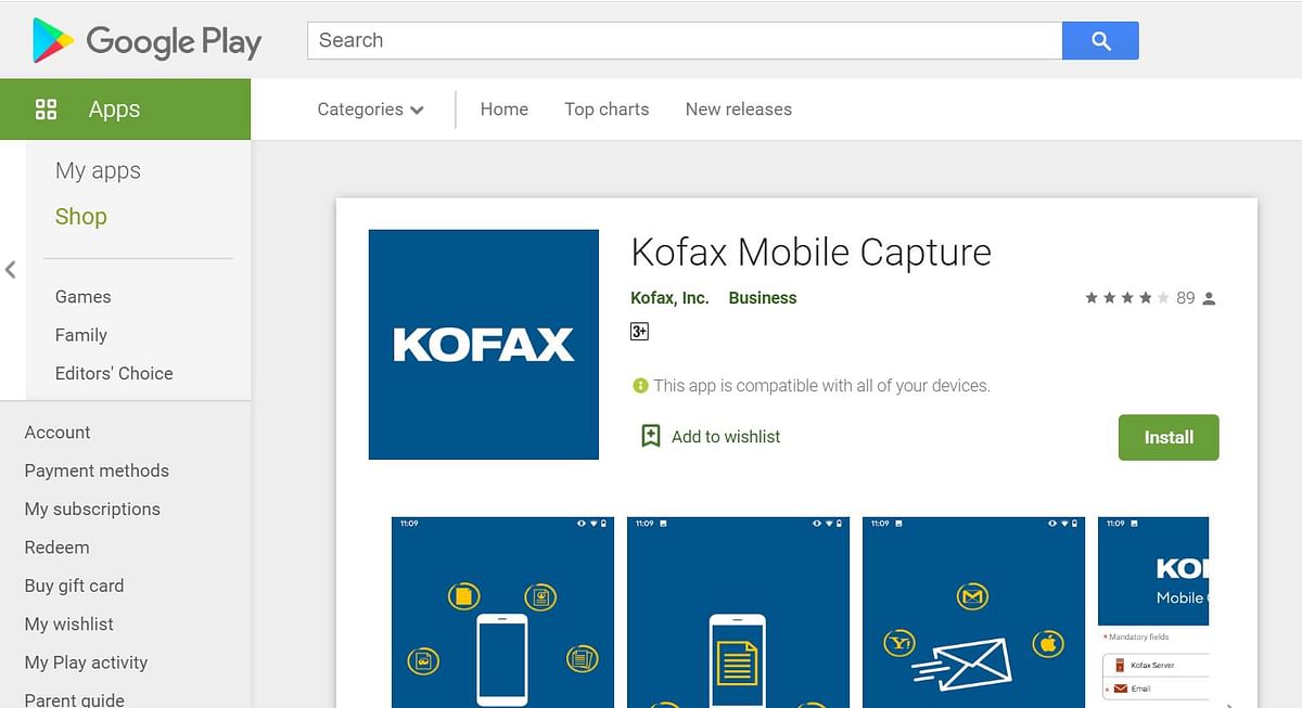 Kofax Capture on Google Play store (screen-grab)