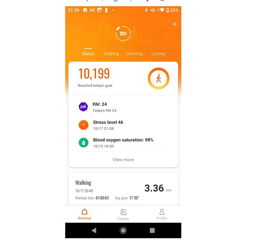 Workout readings on the Mi Fit app. Credit: DH Photo/KVN Rohit