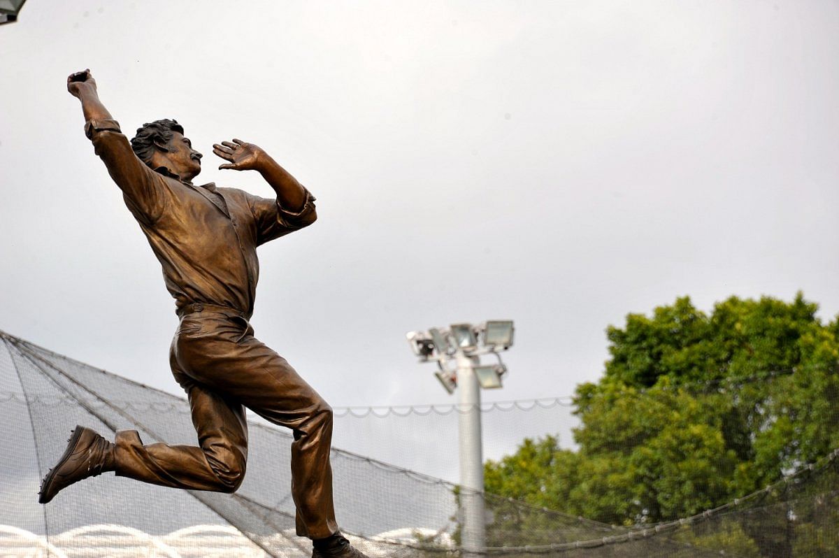 A statue of cricketer Dennis Lillee outside Melbourne Cricket Ground