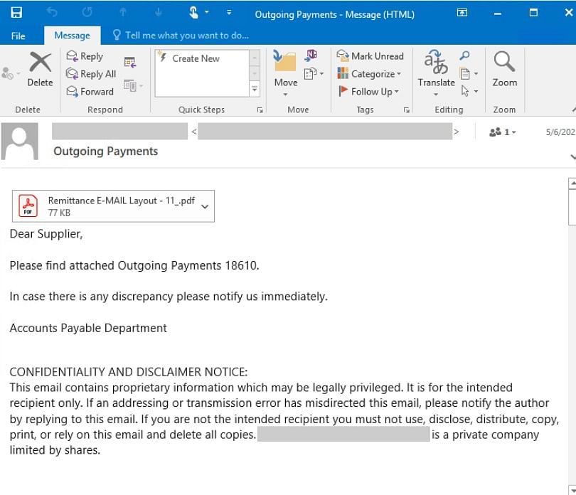 Sample email with malware-laced PDF. Picture credit: Microsoft Security Intelligence.