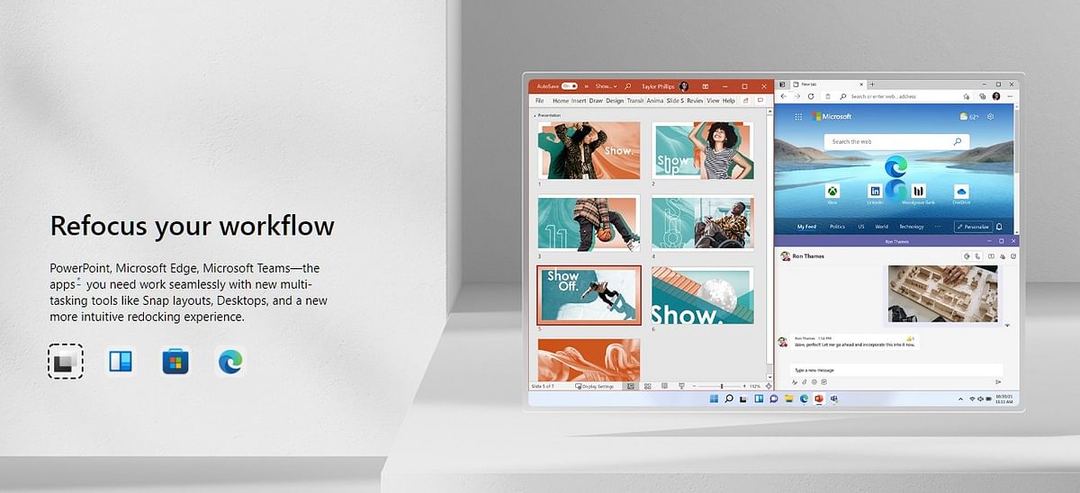 Windows 11 offers snap layouts with the most-used app shortcuts. Credit: Microsoft