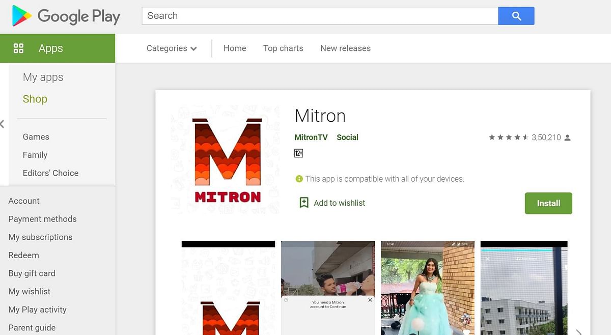 Screen-grab of Mitron app on Google Play store.