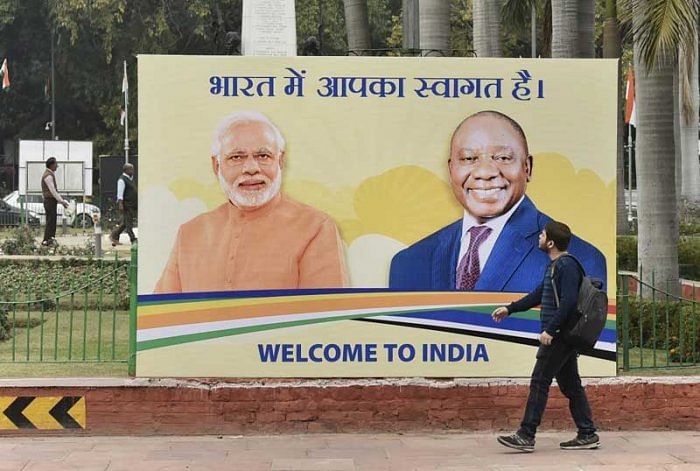 A hoarding of Prime Minister Narendra Modi and South African PresidentCyril Ramaphosa is seen at Teen Murti in New Delhi. Ramaphosa will be the chief guestat the 70th Republic Day parade. (PTI Photo)