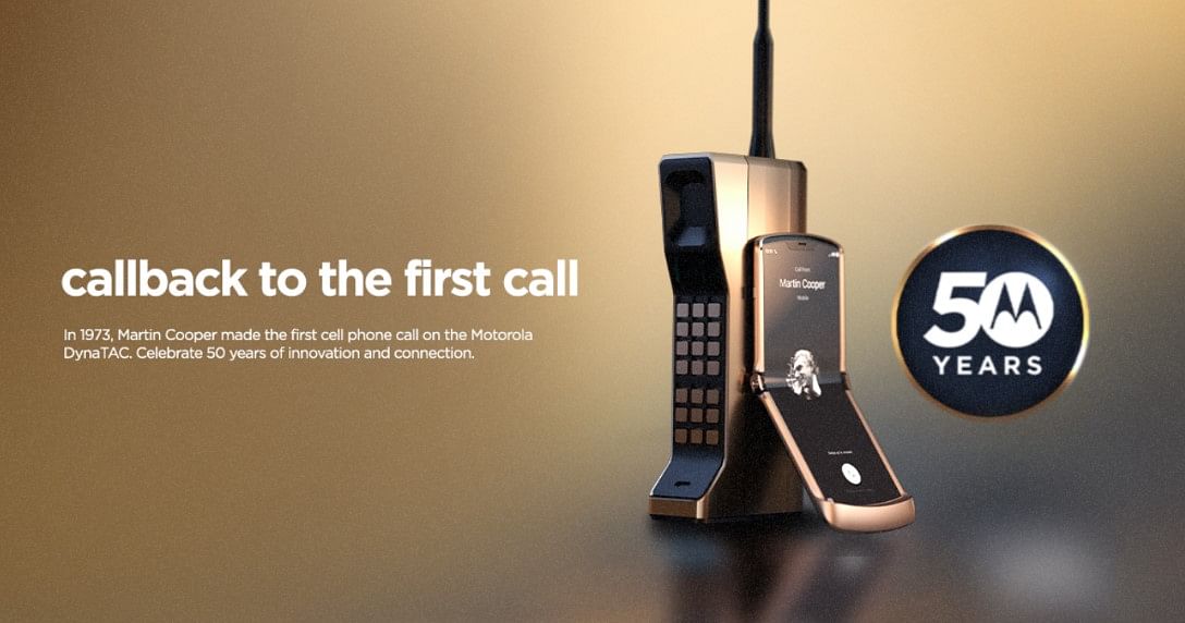 Motorola's first portable hand-held phone-Motorola Dynatac 8000X with the latest Moto Razr series with a foldable display. Credit: Motorola India