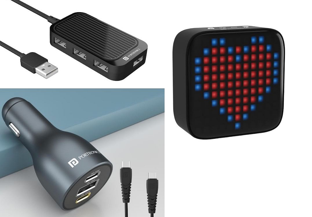 Mport 4D – USB Hub (top left), Pixel – 8W Portable BT Speaker (right), and Car Power 120 – Car Charger (bottom left). Credit Portronics