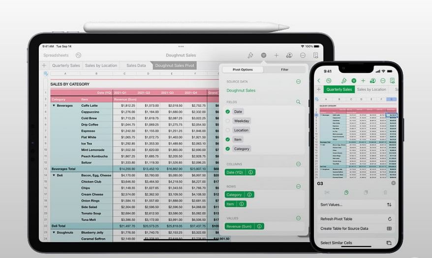 With pivot tables, users can quickly summarize, group, and rearrange data to identify and analyze patterns and trends. Credit: Apple