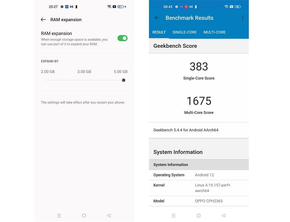 Oppo F21 Pro's Ram expansion feature and also single-core and multi-core test scores on Geekbench 5.0 performance testing app. Credit: DH Photo/KVN Rohit