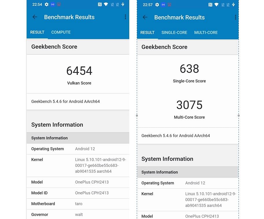 OnePlus 10T performance score on Geekbench app.