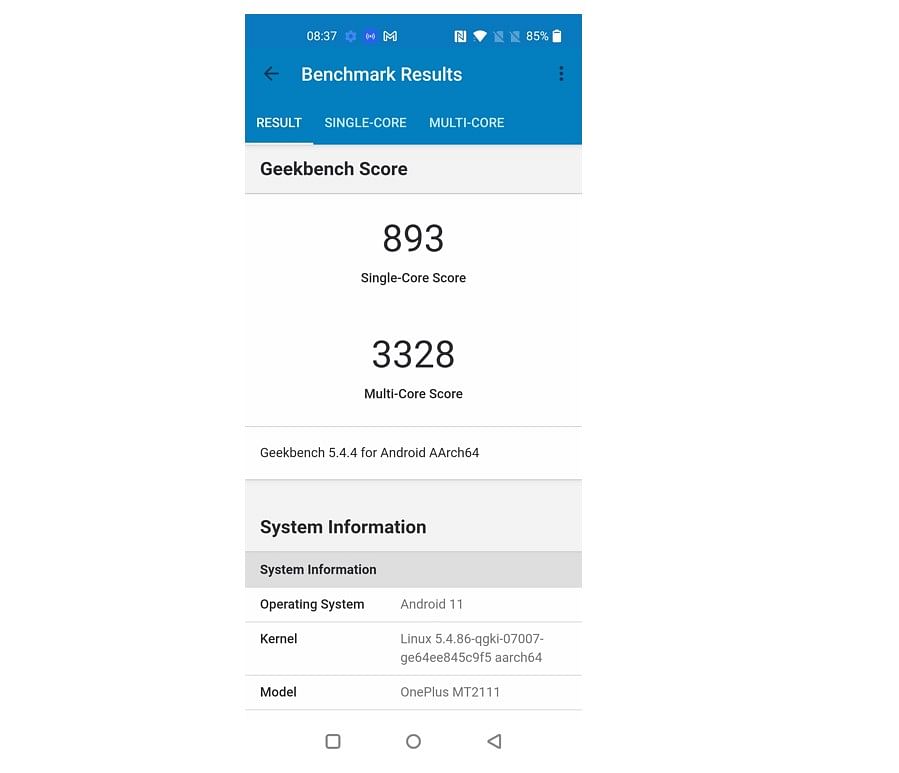 OnePlus 9RT's single-core and multi-core tests' score on the Geekbench 5.0 performance testing app.