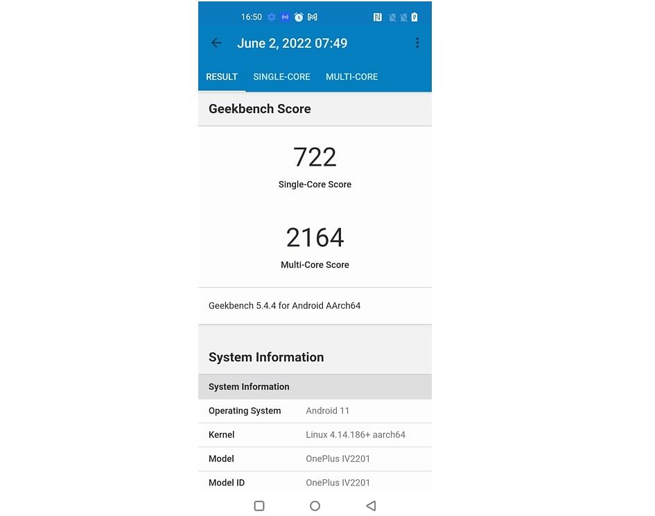 OnePlus Nord CE (2nd Gen)'s performance score on Geekbench 5.0 app