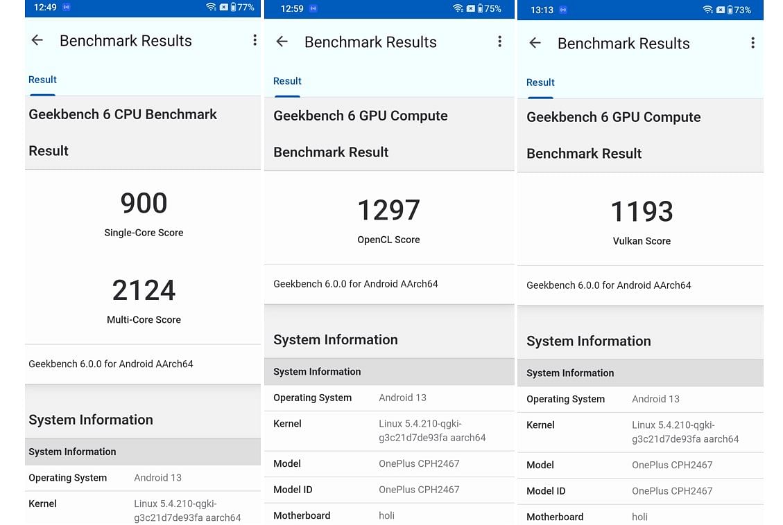 OnePlus Nord CE 3 Lite's score on Geekbench 6.0 performance scoring app.
