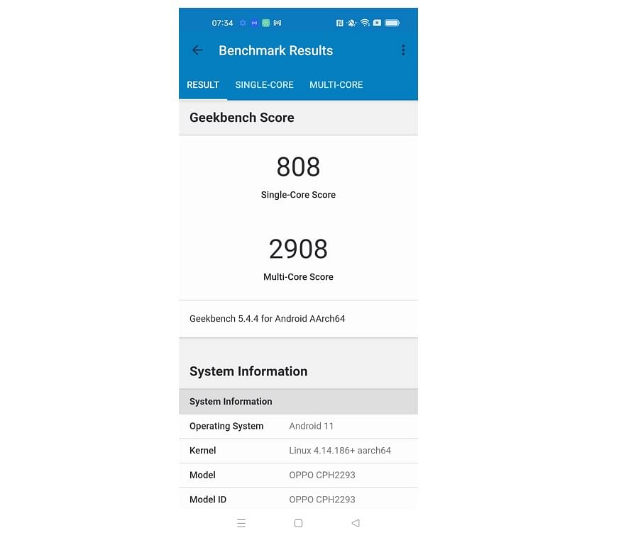 Oppo Reno7 Pro's single-core and multi-core tests result on the Geekbench performance testing app.