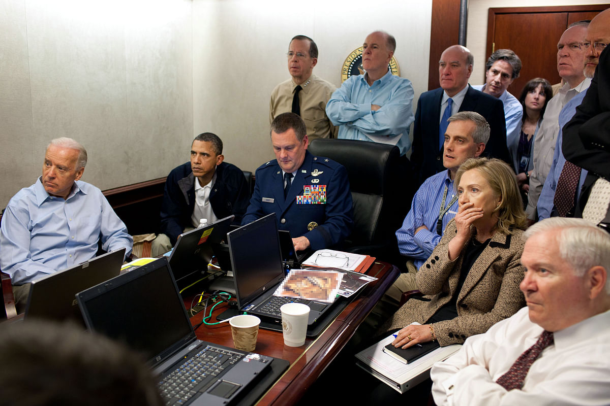 President Obama and his national security team in the White House Situation Room. (Wikipedia photo)