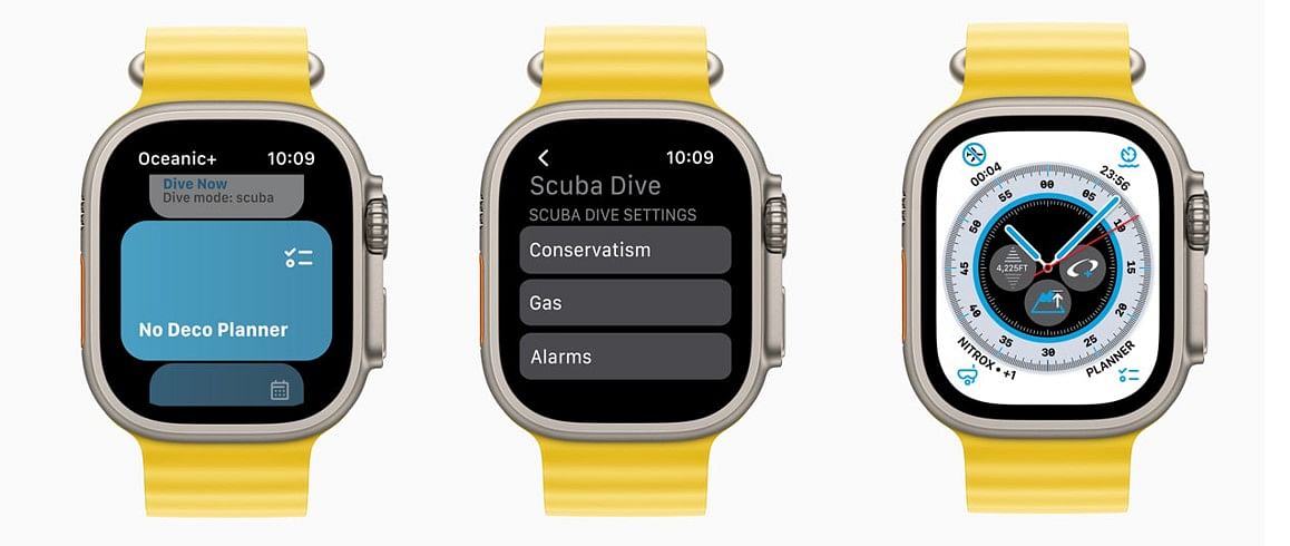Oceanic+ app and watch face complication on Watch Ultra. Credit: Apple