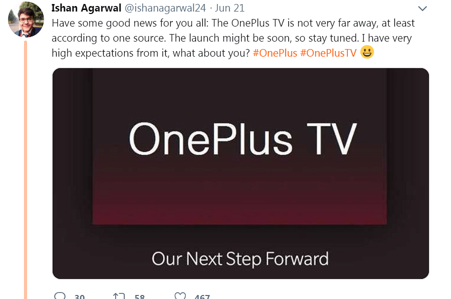 OnePlus TV expected to make the global debut soon; picture credit: Ishan Agarwal/Twitter (screen-grab)