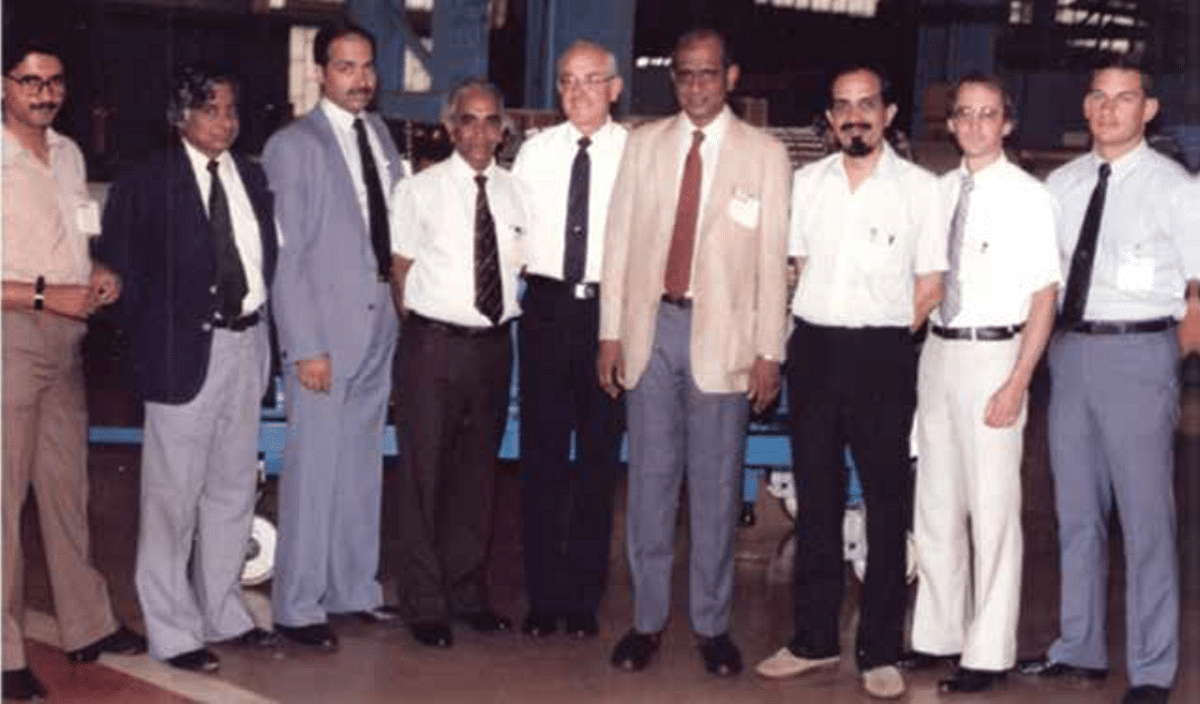 India’s LCA team at General Electric, United States, in 1985. (From Left): S Jaishankar, A P J Abdul Kalam, K G Narayanan, K K Ganapathy. V S Arunachalam (Fourth from Right), and R Narasimha (Third from Right). Credit: Special Arrangement