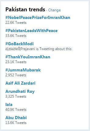 Screenshot of Pakistan Twitter trend(Captured at 3.20pm on March 1, 2019)