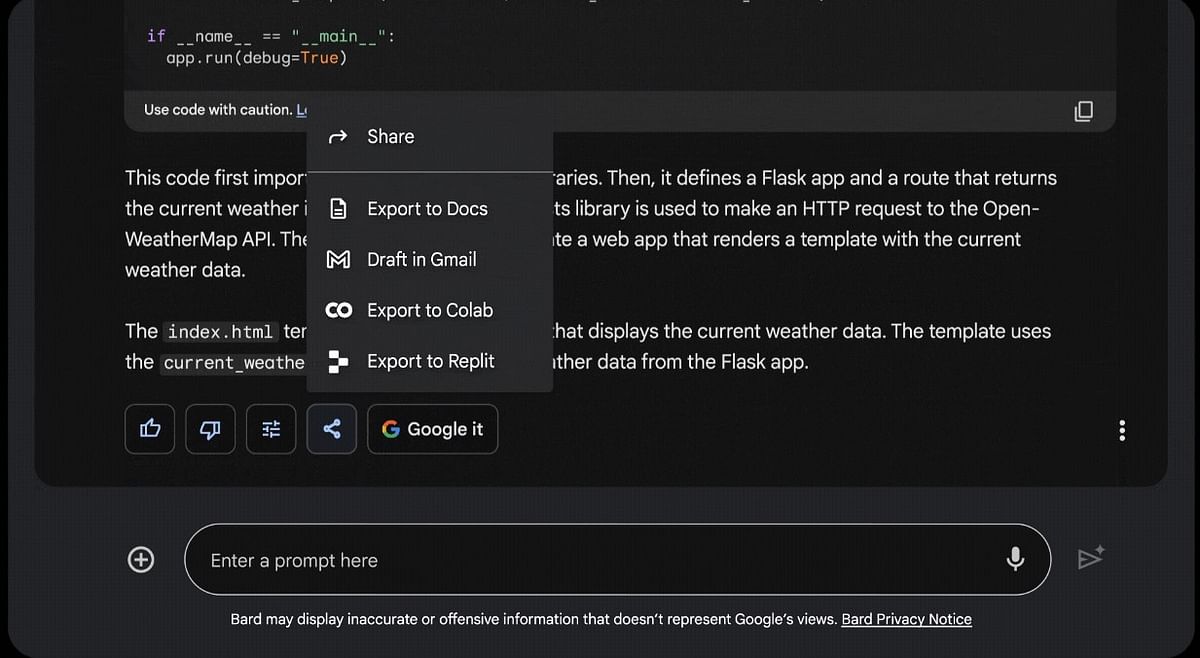 Bard can help you export Python code to Replit. Credit: Google