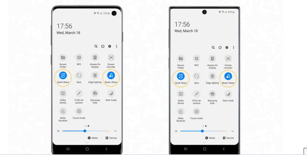 Quick Share and Music Share available on the Galaxy S10 (left), Quick Share and Music Share available on the Galaxy Note10 (Picture credit: Samsung)