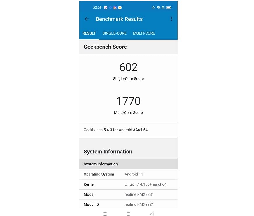 Realme 8s 5G's score on Geekbench performance testing app.