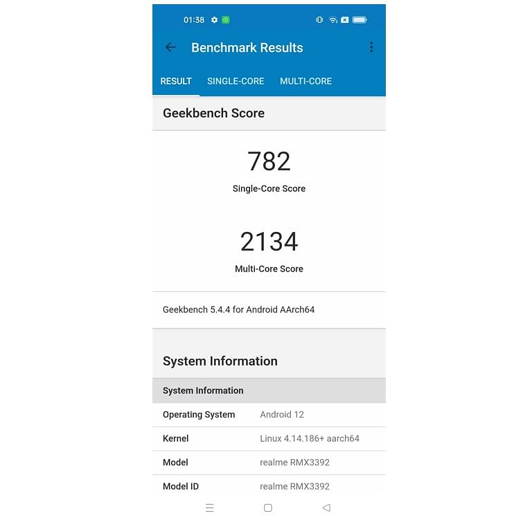 Realme 9 Pro Plus' single-core and multi-core tests' results on Geekbench 5.0 performance testing app. Credit: DH Photo/KVN Rohit