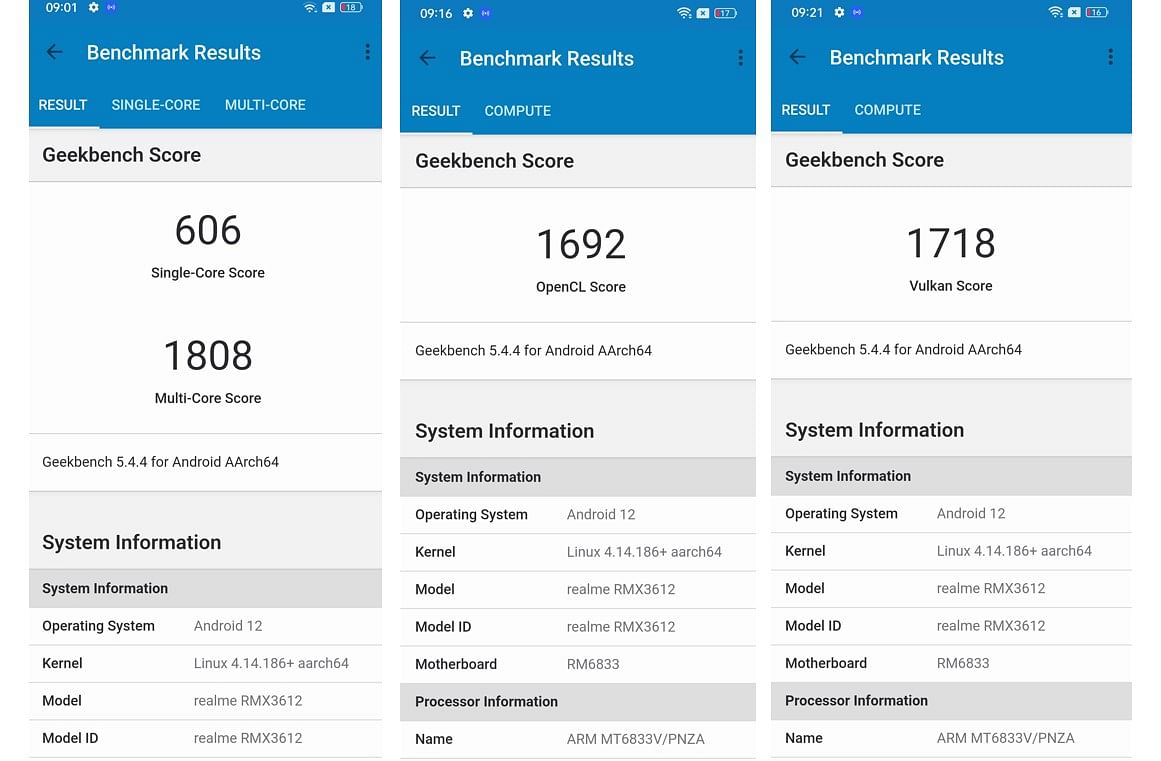 Realme 9i 5G's performance score on Geekbench 5.0 (screen-grab)