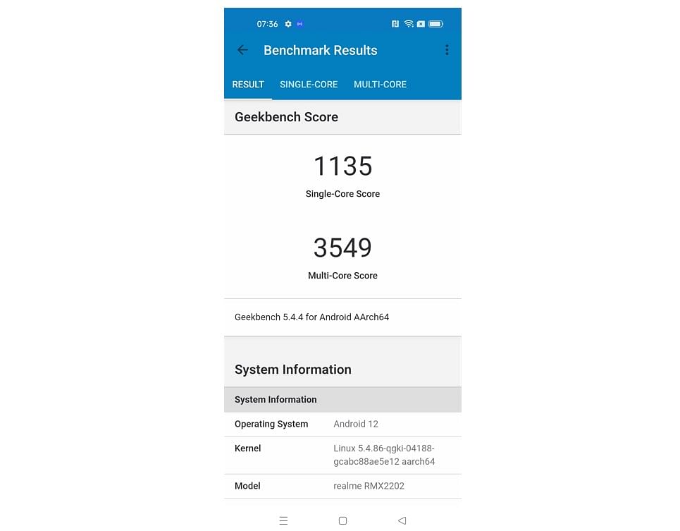 Realme GT 5G's performance score on Geekbench 5.0 app. Credit: DH Photo/KVN Rohit