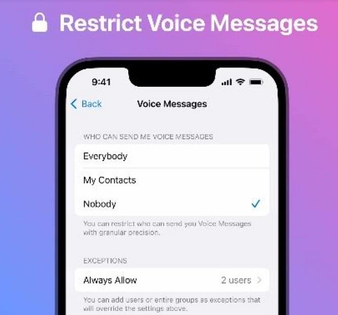 Telegram Premium users will get the option to control who can send voice messages. Credit: Telegtram