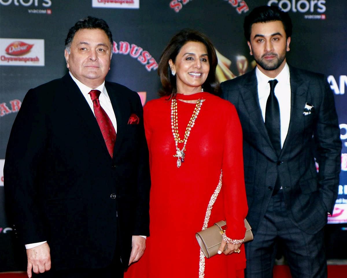 Rishi Kapoor along with his wife Neetu Singh and son Ranbir Kapoor. (PTI file photo)