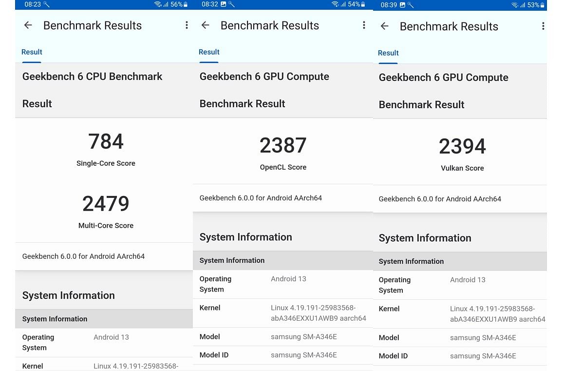 Samsung Galaxy A34 5G's score on Geekbench 6.0 performance testing app. Credit: DH Photo/KVN Rohit