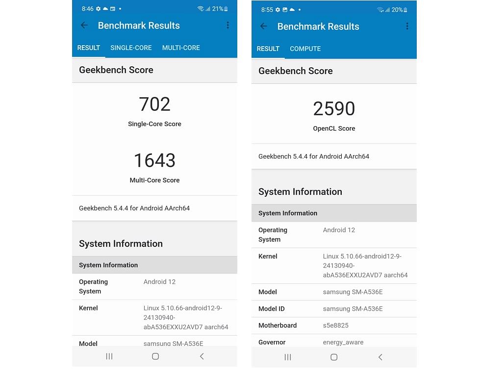 Samsung Galaxy A53 5G's performance score on Geekbench 5.0