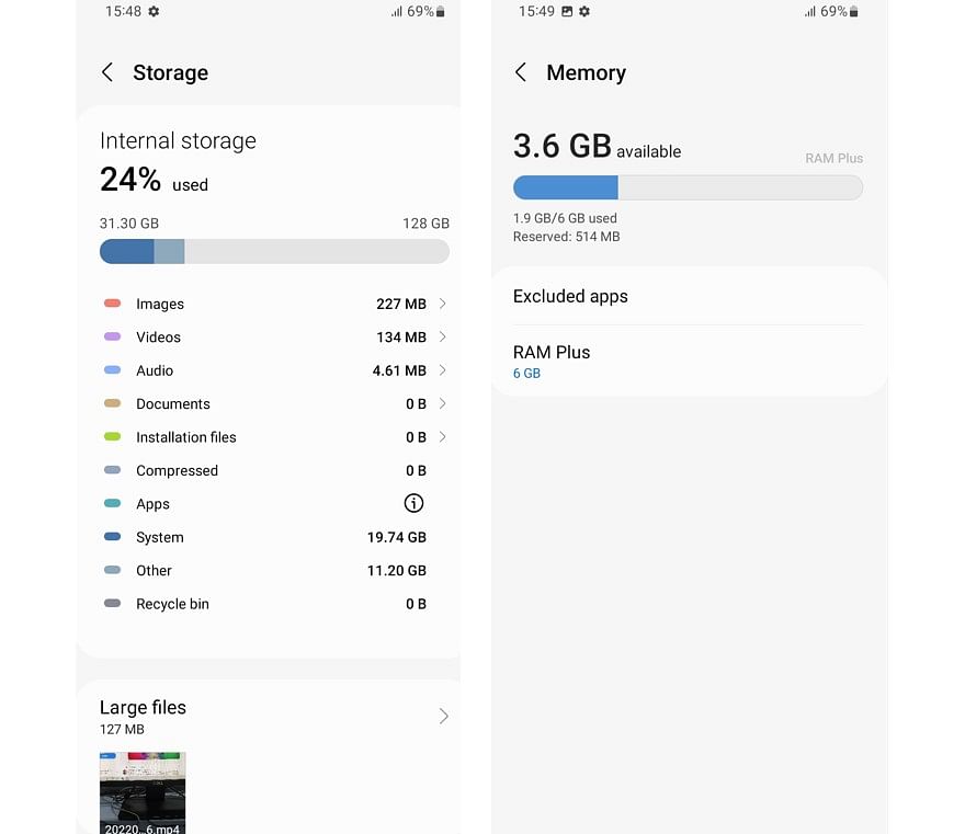 Samsung Galaxy M13 5G's storage capacity and Ram Plus feature. Credit: DH Photo/KVN Rohit