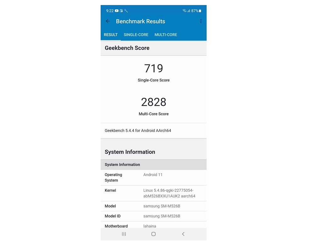 Samsung Galaxy M52's Geekbench Performance testing score. Credit: DH Photo/KVN Rohit