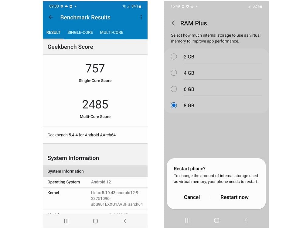 Samsung's Galaxy S22 performance score on Geekbench 5.0 app and the Ram Plus feature. Credit: DH Photo/KVN Rohit