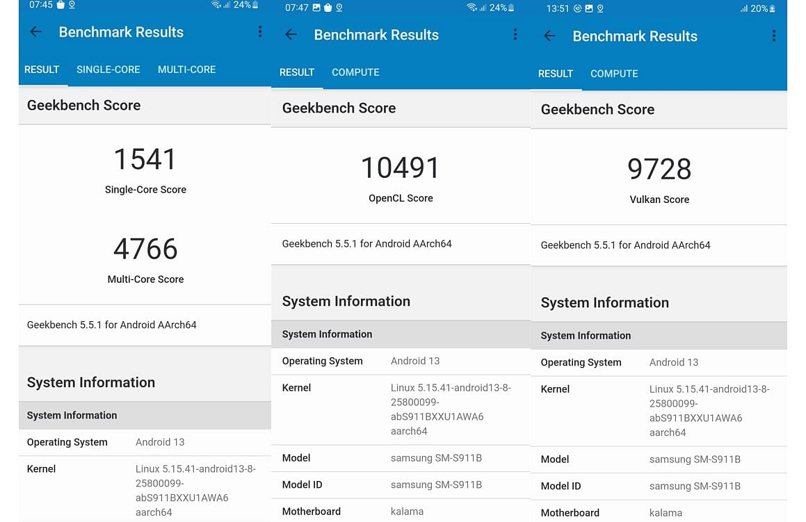 Samsung Galaxy S23's score on Geekbench 5.0 performance testing app (screengrab)