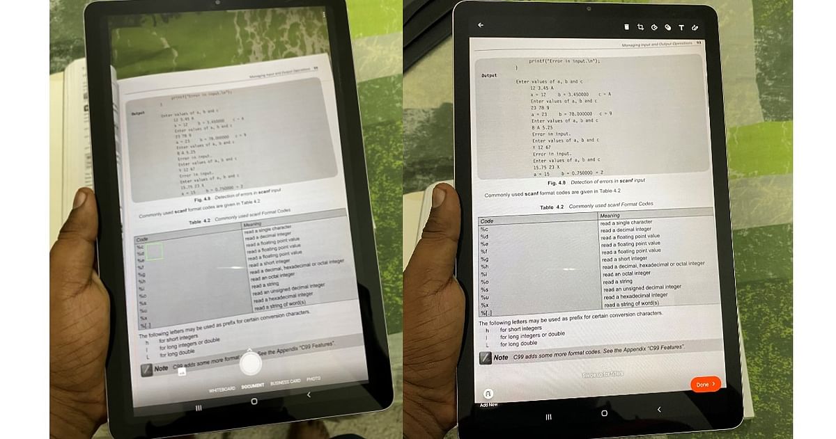 Users can take snapshots of a document or a page of the book and convert it to PDF on Samsung Galaxy Tab S6 Lite. Credit: DH Photo/KVN Rohit
