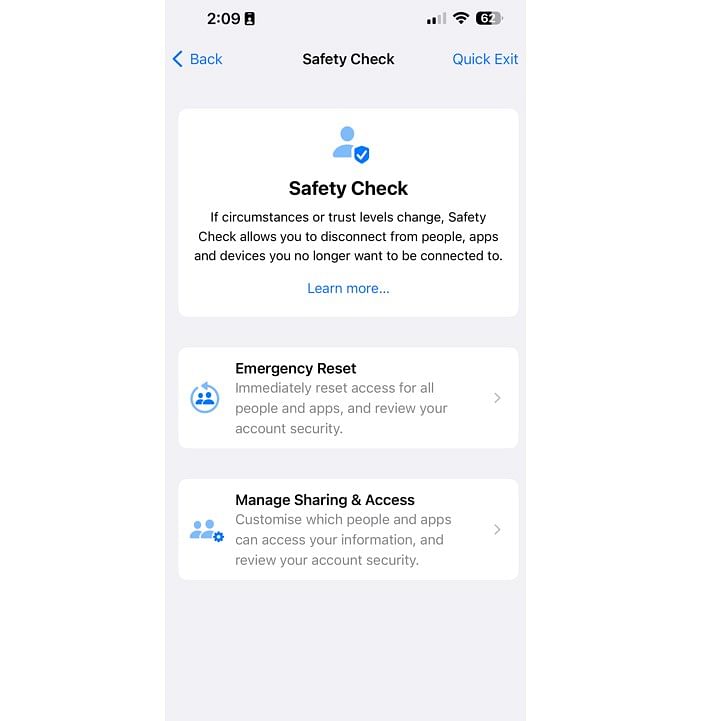 Safety Check feature on iPhone (screengrab)