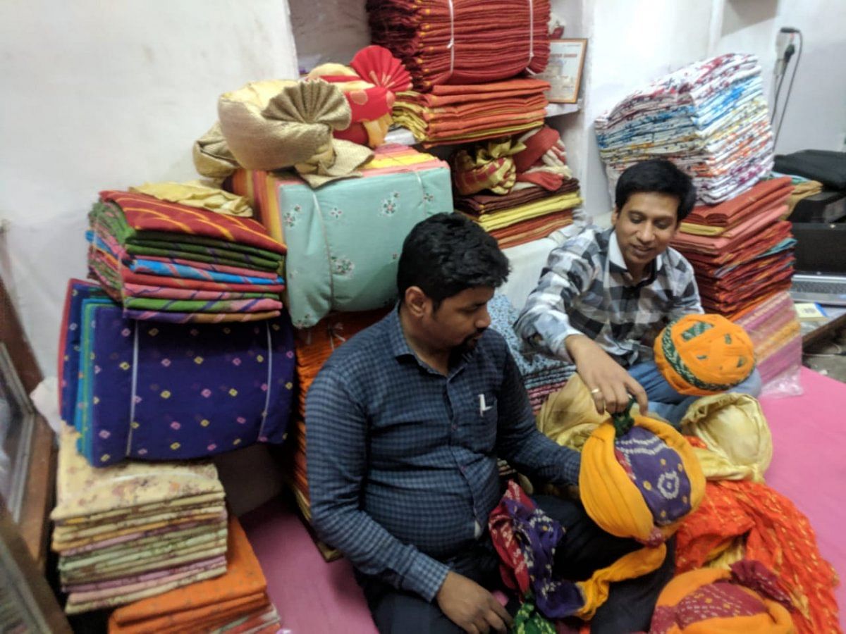 Sanjay Jain a noted manufacturer of Rajasthani turbans sitting in his shop situated at Swati Gate in Jodhpur. DH Photo