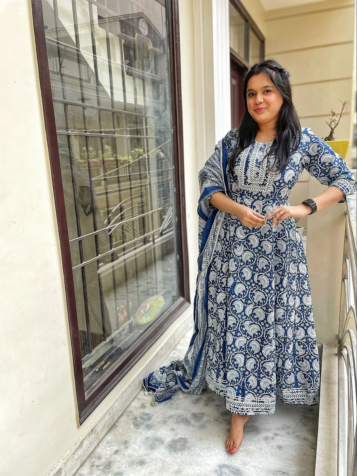 Hussain's beautiful block-printed cotton Anarkali outfitin traditional motifs has been designed by her mother