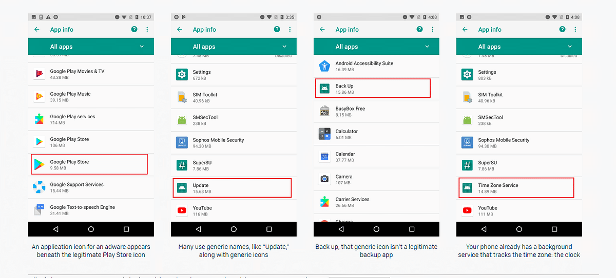 Adware-laced apps disguising as Google service apps (Picture Credit: SophosLabs Blog)