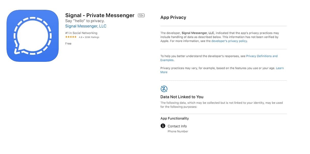 Signal Messenger's Privacy Label on Apple App Store. Credit: DH Photo/KVN Rohit