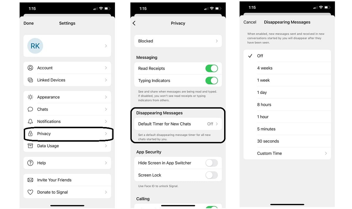 Here's how to set the default timer for disappearing messages on Signal Messenger app on iPhone. Credit: DH Photo/KVN Rohit