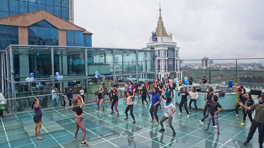 Skyye at UB City is a popularspot for yoga and Zumba.