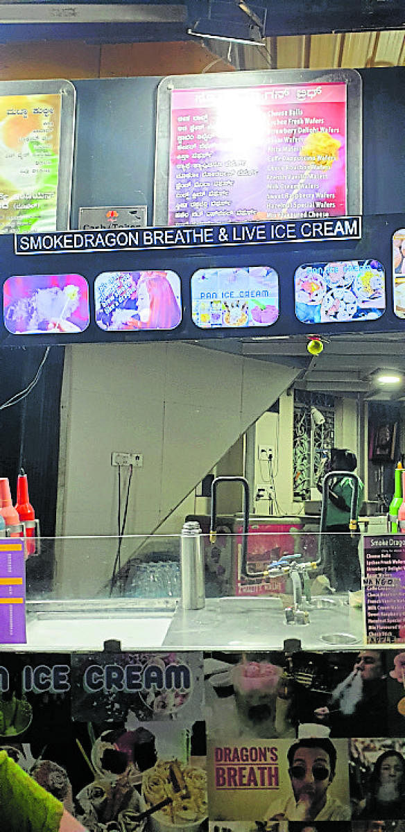 At Smoke Dragon Breathe and Live ice cream counter,wafers come dipped in liquid nitrogen.
