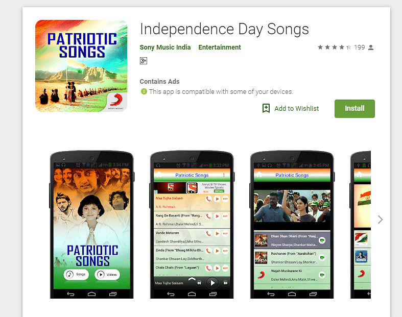 Sony Music India's app on Google Play Store (screen-grab)