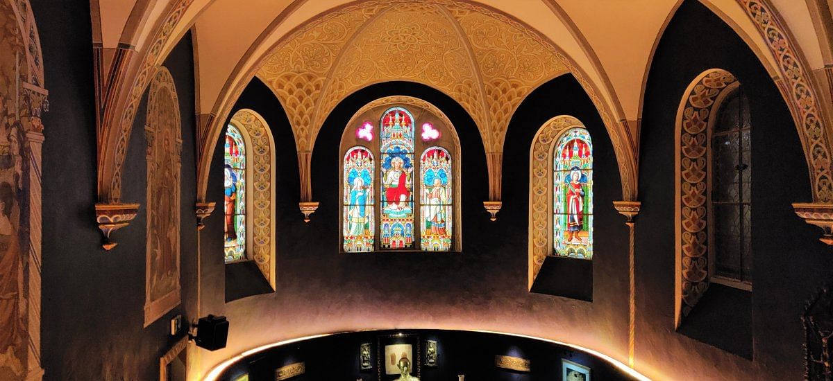 Stained glass panels of thechapel of St Joseph. It houses the Tibet Museum.Photos by author