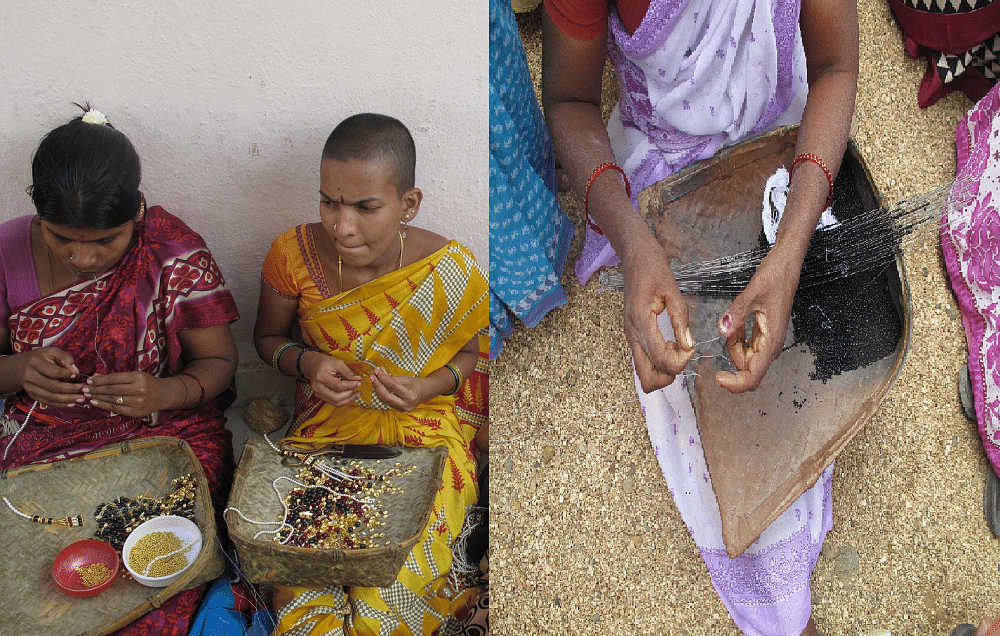 Stringing beads in Papanaidu Peta, a village in Andhra Pradesh that holds the knowledge of making seed-beads .