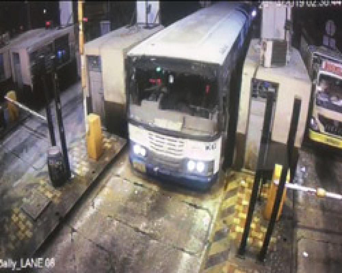 Bus in CCTV footage at Toopran toll gate